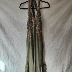 La Femme V-neck Beaded Halter Gown in Olive Green Size 8